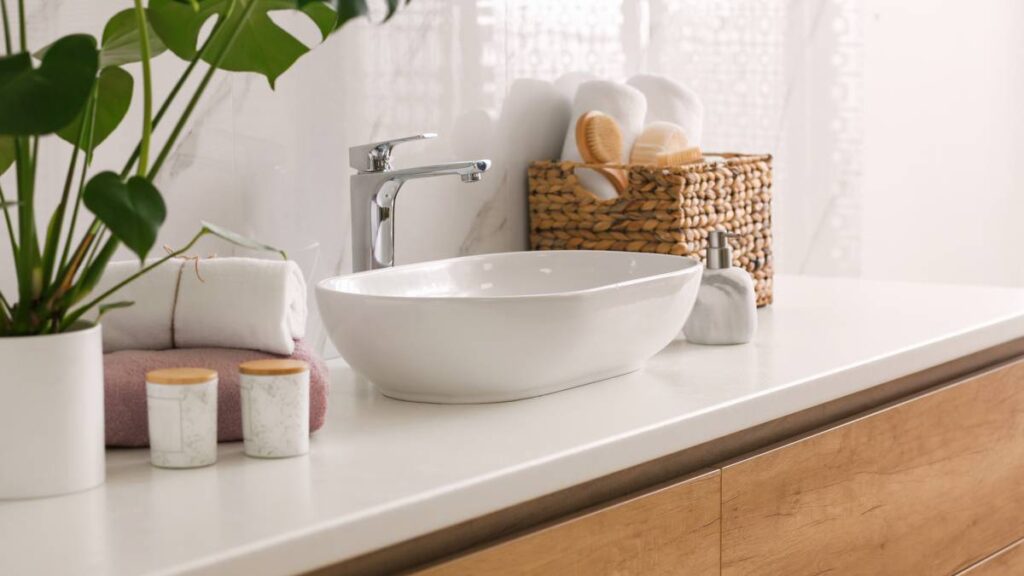 Stylishly decorated bathroom countertop with neatly folded towels and a plant. - bathroom renovation ideas