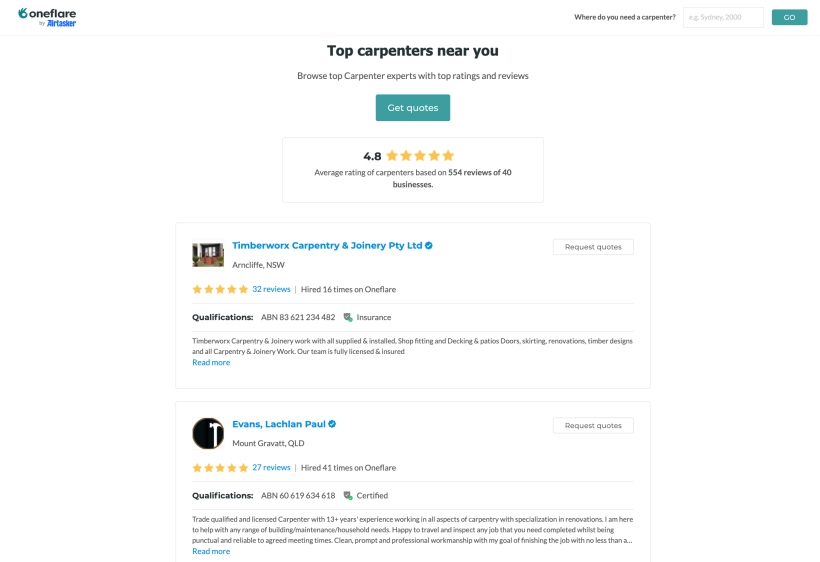 A screenshot of Oneflare page listing top carpenters near you, showing business details, reviews, and ratings, highlighting ways to connect with clients.