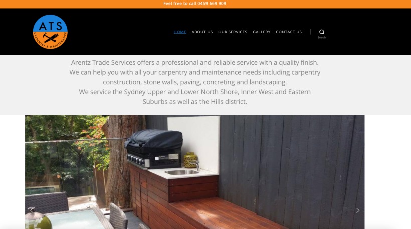 Screenshot of Arentz Trade Services' website featuring a clean design, project gallery images showcasing timber decks and landscaping, and easy-to-access contact details.