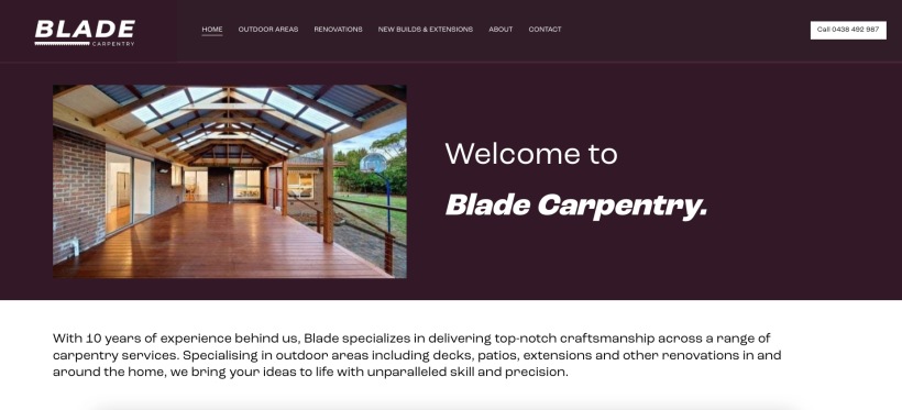 Screenshot of Blade Carpentry's website featuring a clean design, service offerings in outdoor carpentry like decks and verandahs, and a prominent contact section.