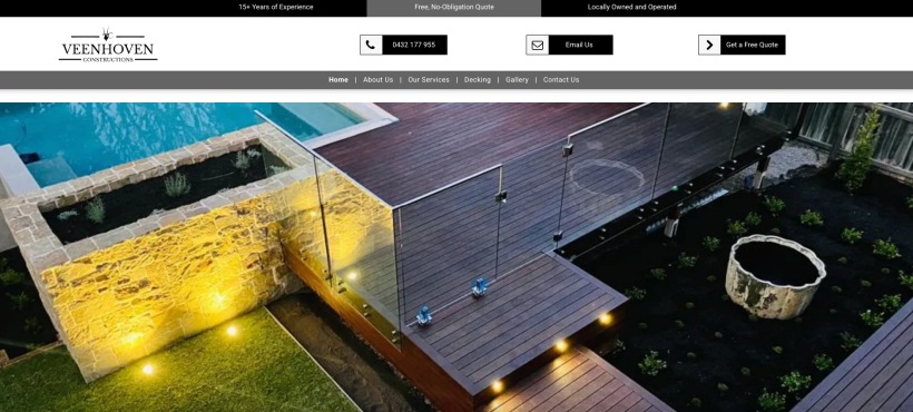 Screenshot of Veenhoven Constructions' website featuring a clean and organised design, a completed decking project image, and a navigation menu for services like patios and carpentry.