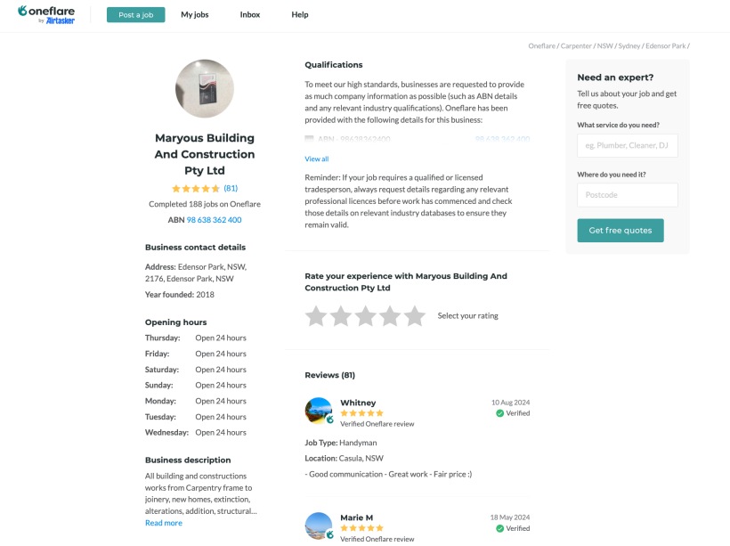 Screenshot of a Oneflare profile page featuring Maryous Building and Construction Pty Ltd, with details on qualifications, reviews, and a sidebar for client inquiries.