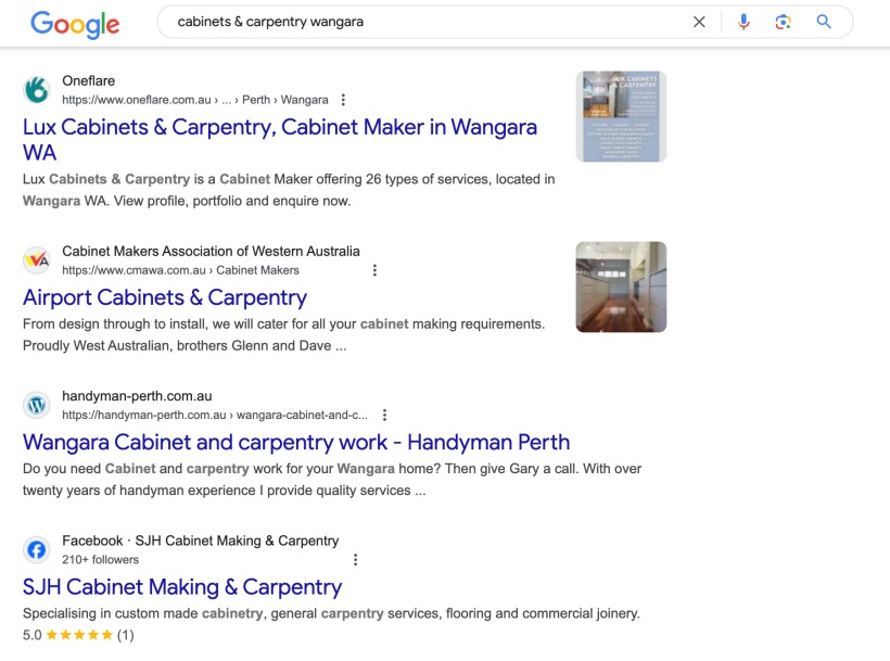 Google search results for 'cabinets & carpentry wangara' displaying various cabinet maker businesses, including Oneflare.