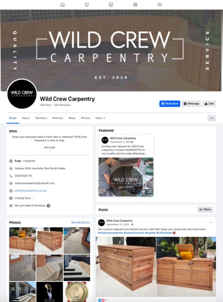 Screenshot of Wild Crew Carpentry's Facebook page featuring their logo, contact details, project images, and service offerings such as custom furniture, outdoor structures, and renovations.