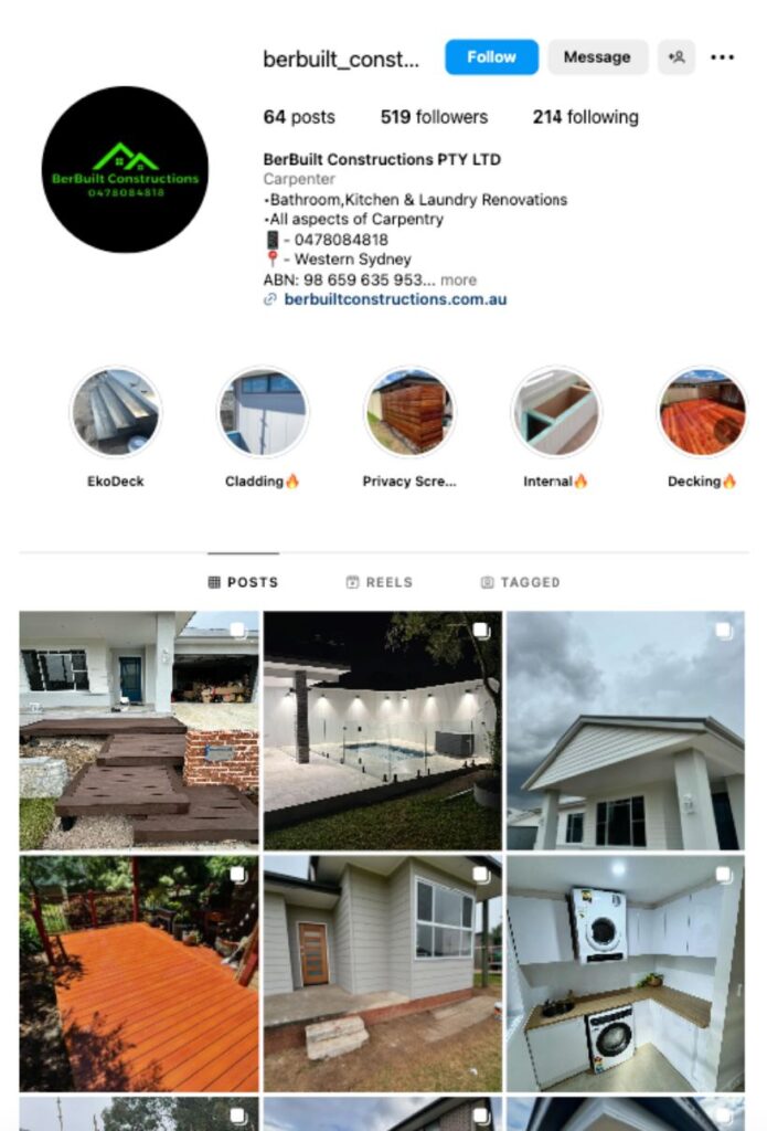 BerBuilt Constructions' Instagram profile displaying their bio, contact details, services offered, and story highlights featuring categories such as EkoDeck, cladding, privacy screens, internal projects, and decking.