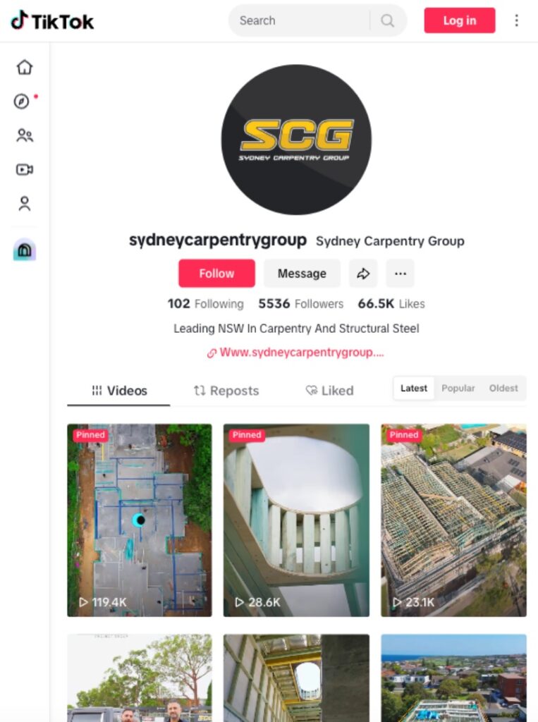 Sydney Carpentry Group TikTok profile displaying videos of carpentry projects, including drone footage and on-site work. The account has over 5,500 followers and 66.5K likes.