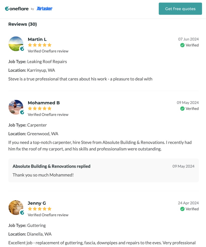 A screenshot of Oneflare reviews showcasing customer feedback for carpentry services, highlighting positive reviews and replies from the business. Includes details like job type and location.