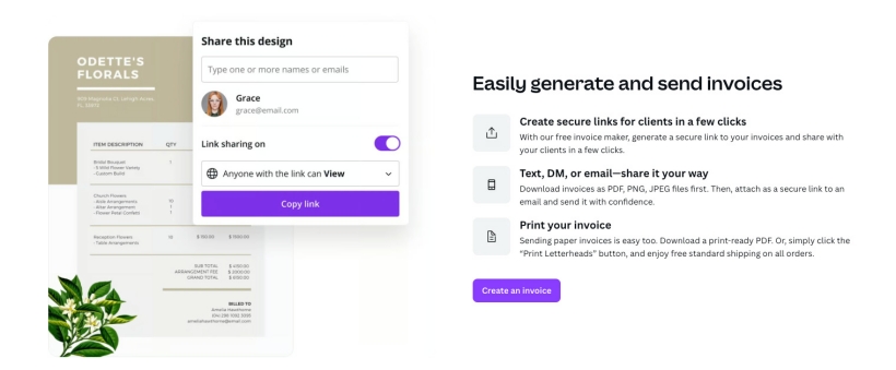 A screenshot of Canva's carpentry invoice templates, showing options to share, download, or print invoices for clients.