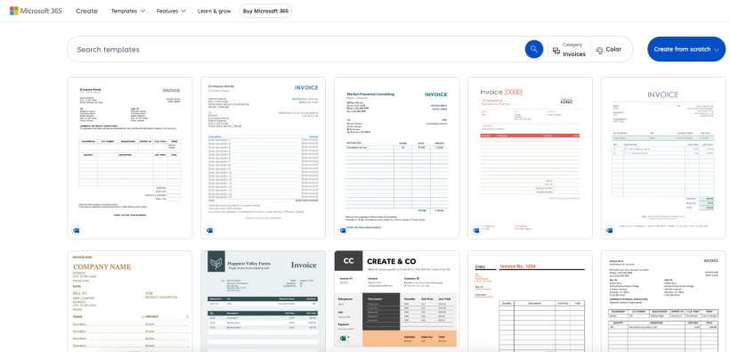 A screenshot of Microsoft 365's invoice template gallery featuring customisable invoice designs for various business needs