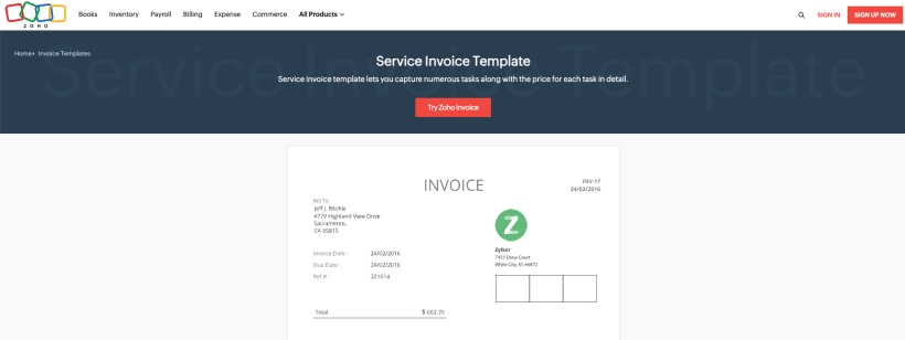 A screenshot of Zoho's service invoice template showcasing detailed fields for creating professional invoices for businesses